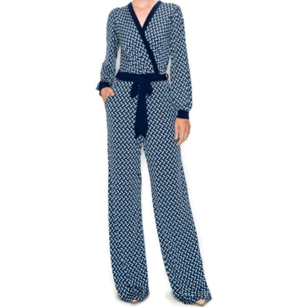Janette Fashion Navy Blue Brick Bell Long Sleeve V-neck Jumpsuit